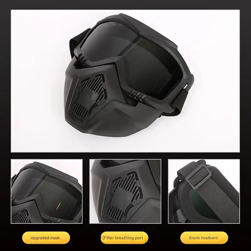 A Tactical Full-Face Mask Available in Two Color Options, Featuring Anti-Fog High-Definition Lenses, a Removable And Adjustable Ski Mask, And Comfortable Sponge Padding - Made of Quality Material