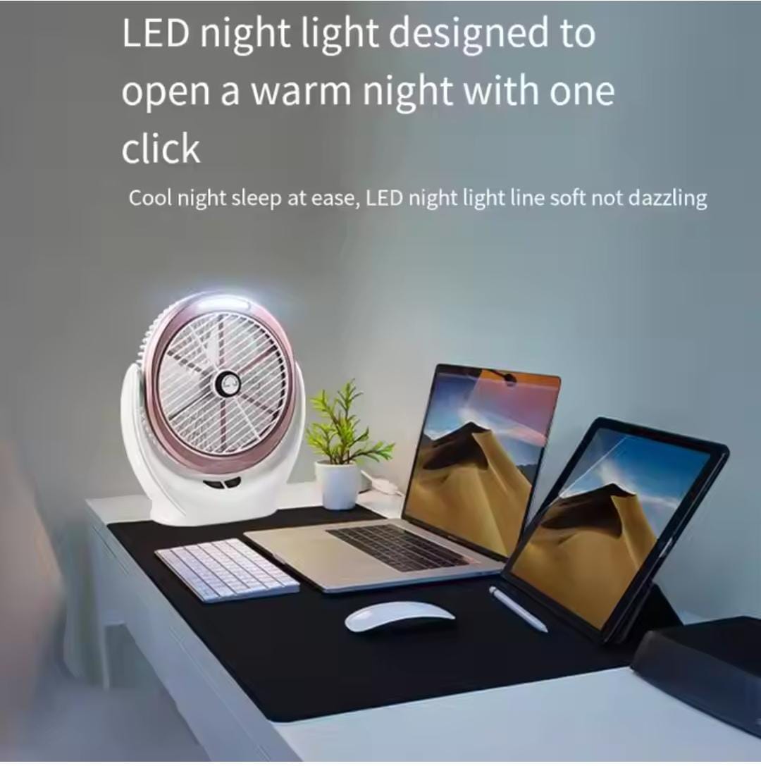 Large size Table Fan with Strong Airflow & Quiet Operation, Portable Cooling house Fan with COB Night Lights 3 Speeds Adjustable 360° Rotatable Head for Home Office Bedroom Travel Desktop