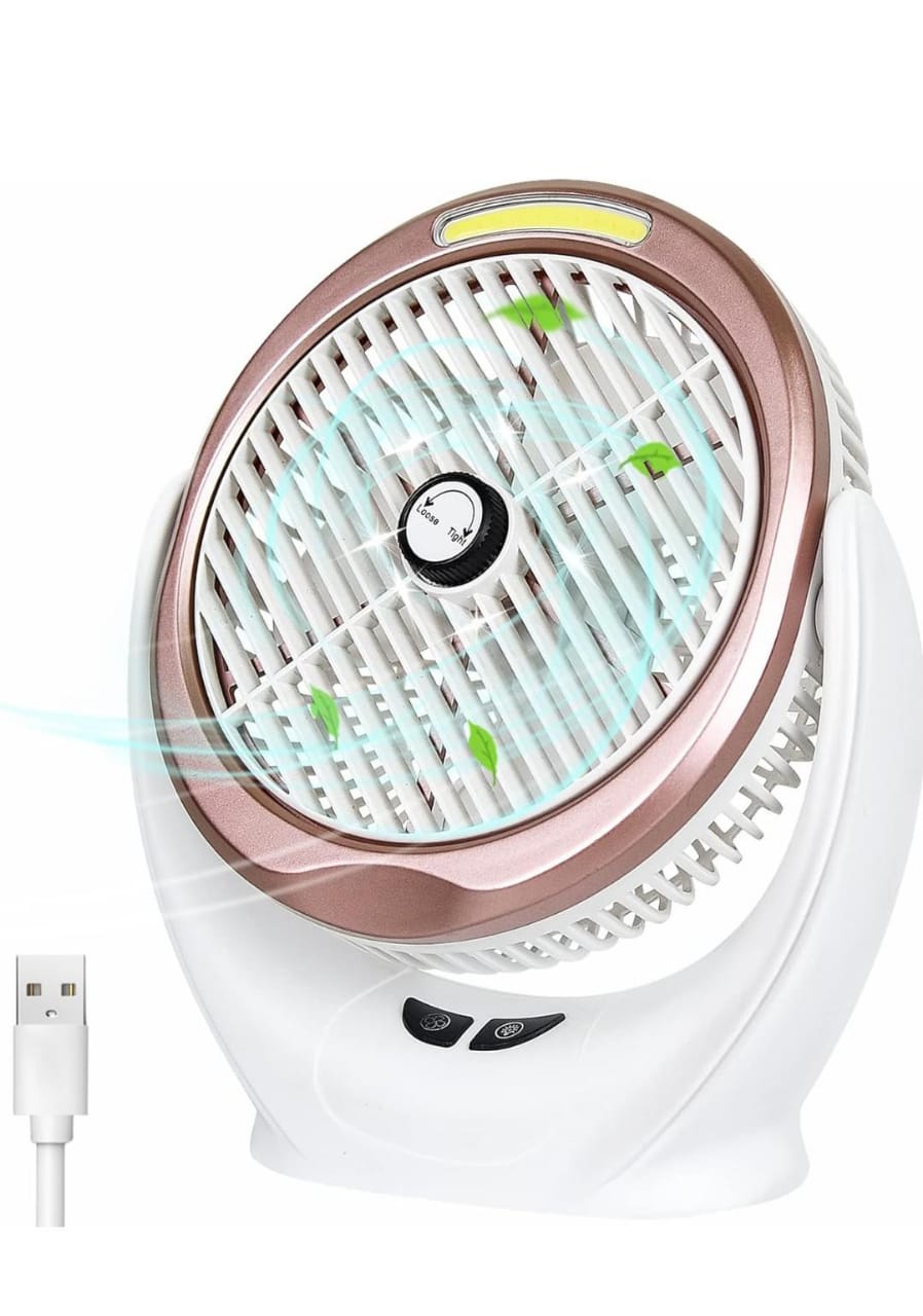 Large size Table Fan with Strong Airflow & Quiet Operation, Portable Cooling house Fan with COB Night Lights 3 Speeds Adjustable 360° Rotatable Head for Home Office Bedroom Travel Desktop